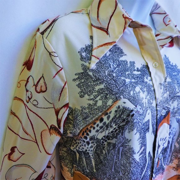 Loubella Vintage 70s Disco Nylon Top GiRAFFES Botanical Hearts Dagger Collar - Picture 5 of 10